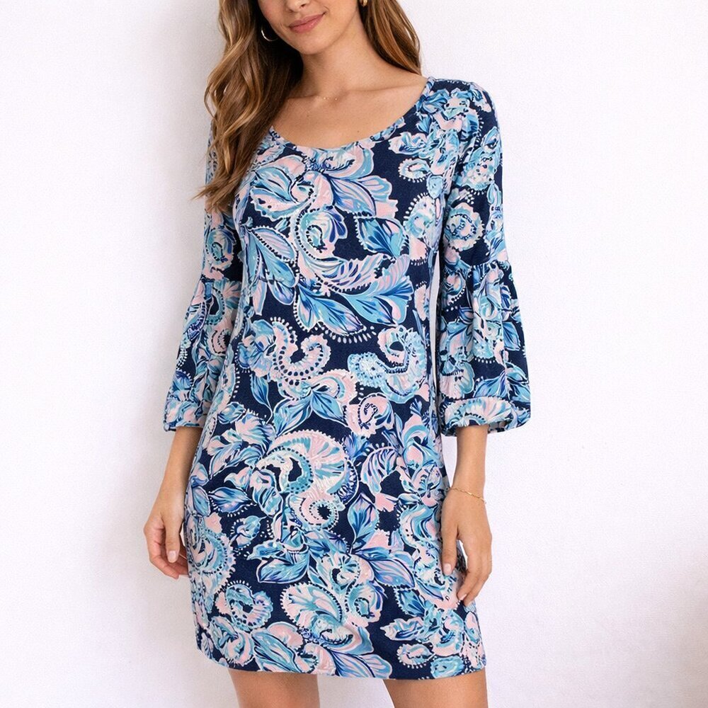 Lilly Pulitzer Carlile Dress S Holy Flockamolie Pima Cotton Shift 3/4 Sleeve